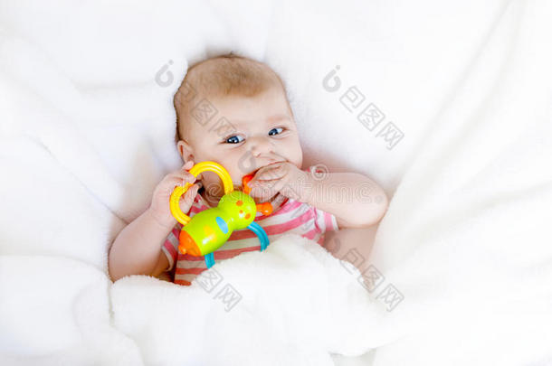 可爱的两个月婴儿吸吮拳头。