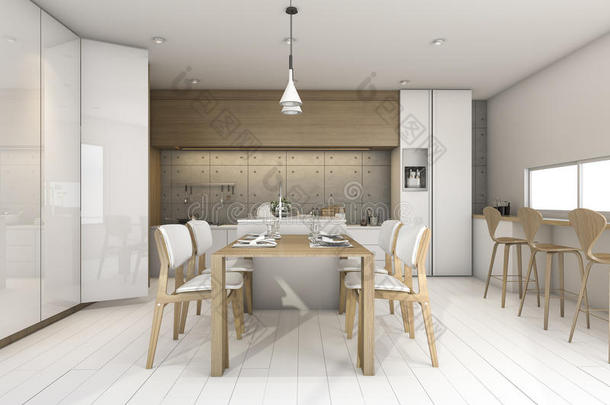 三维渲染白色阁楼木厨房设计与灯