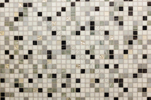 抽象光泽地板瓷砖玻璃在单调混合黑白灰色马赛克广场无缝图案背景纹理为现代