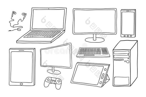 电子设备，包括电脑、笔记本电脑、智能手机、平板电脑、键盘、游戏控制器和耳机。 白色填充，等号