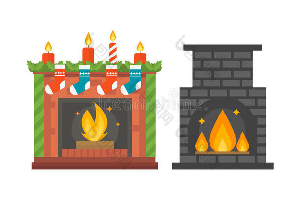 平式壁炉图标设计<strong>室内温暖</strong>的圣诞火焰明亮的装饰煤炉和舒适的<strong>温暖</strong>