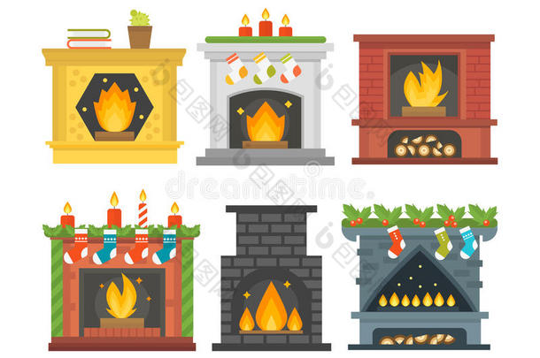平式壁炉图标设计室内温暖的圣诞火焰明亮的装饰煤炉和舒适的温暖
