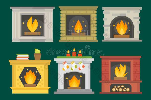 平式壁炉图标设计室内温暖的圣诞火焰明亮的装饰煤炉和舒适的温暖