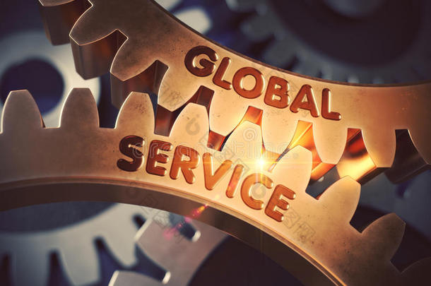 具有全球<strong>服务理念</strong>的黄金齿轮。 三维插图。