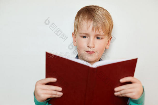 一个小漂亮的男孩，金发碧眼，抱着红色的眼睛，读着有趣的故事。 七岁的男孩在读书