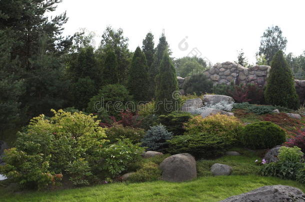 后院摊铺机庭院与池塘在花园。 后院摊铺机庭院景观概述。