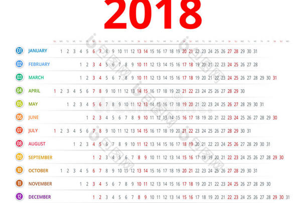 2018年日历。 打印模板。 星期从星期天开始。 肖像定向。 一套12个月。 计划2018年。