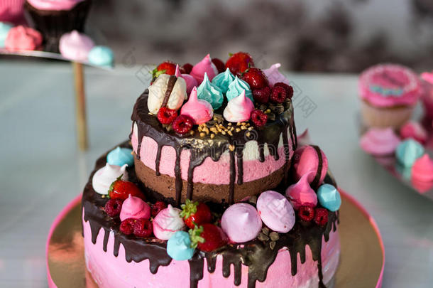 节日餐桌上有糖果。粉红色蛋糕，儿童蛋糕，生日蛋糕，甜桌，糖果棒，
