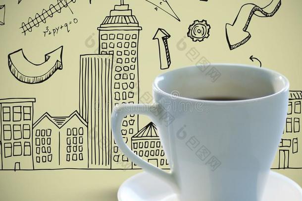 咖啡杯与橄榄背景与城市图纸