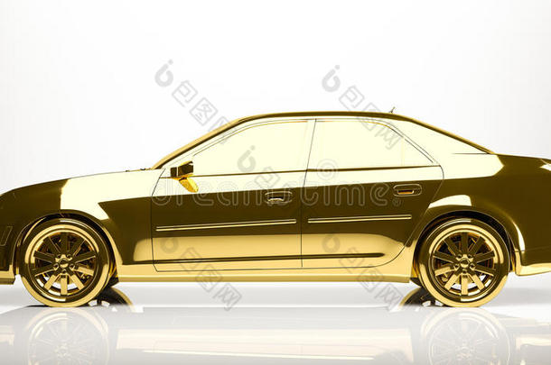 汽车在工作室内的金色3D渲染