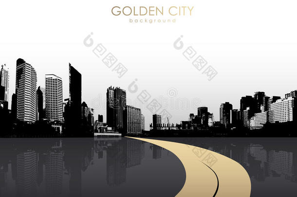 金色的城市景观与摩天大楼。
