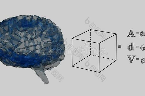 灰色背景下<strong>的</strong>蓝色大脑和黑色<strong>数学</strong>图形
