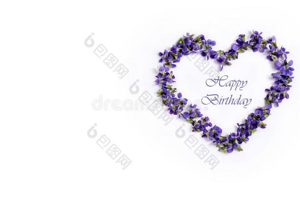 精致的弹簧紫罗兰，在白色背景上的心脏形状。 生日快乐