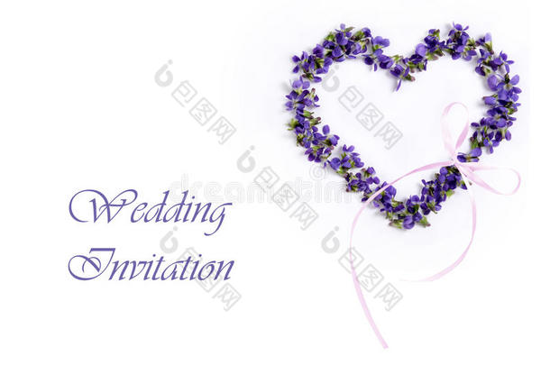 精致的弹簧紫罗兰，在白色背景上的心脏形状。 结婚邀请函