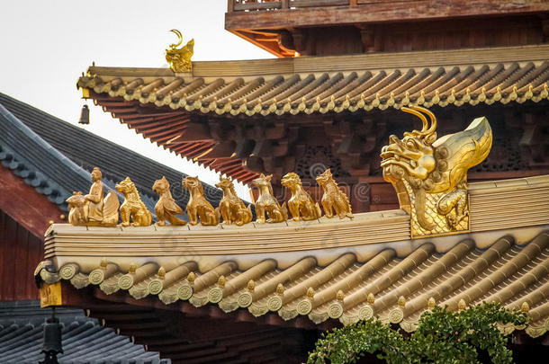 佛教<strong>静安寺</strong>屋顶的细节-<strong>上海</strong>，中国