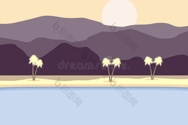 背景中有棕榈树和山脉的海岸。 <strong>热带风光</strong>。 矢量