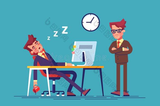 愤怒的老板和办公室工作人员在办公室工作时睡着了。 现代插图。