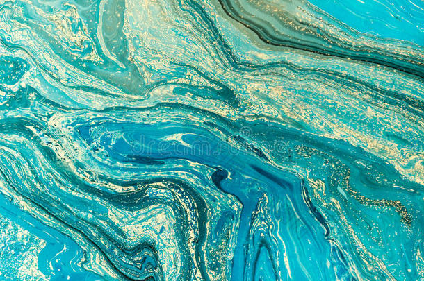 蓝色大理石纹纹理。 创意抽象背景手工油画表面。