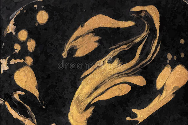 黑色大理石花纹背景上的抽象金色波浪。 矢量大理石花纹背景。