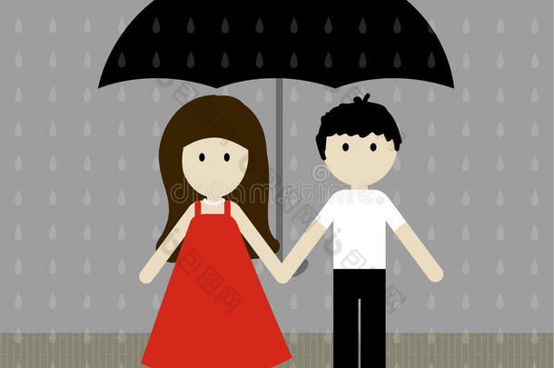 女孩和男孩在大雨中带着雨伞。 矢量插图。