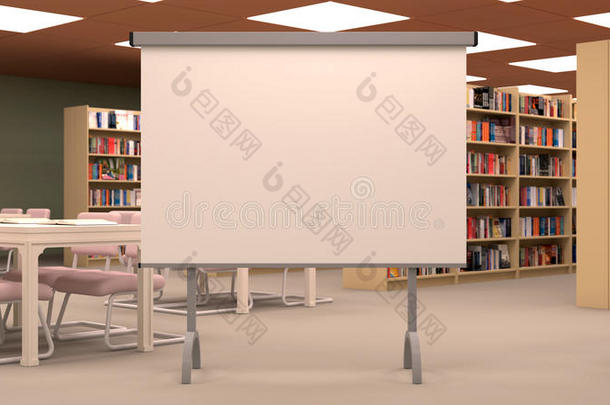 <strong>大型</strong>图书馆，配有<strong>大型</strong>投影仪屏幕、桌子、椅子和书架。