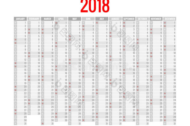 2018年日历。 打印模板。 星期从星期天开始。 肖像定向。 一套12个月。 计划2018年。