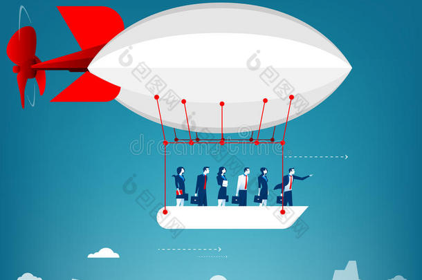 商业团队乘坐热气球在天空中飞行。 仔细看