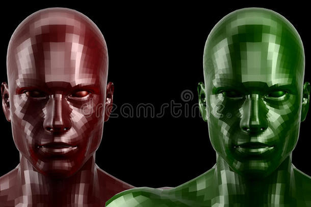三维渲染。 两个刻面的红色和绿色Android头看前面的相机