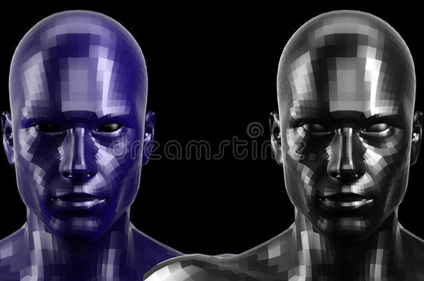 三维渲染。 两个黑色和蓝色刻面的Android头看前面的相机