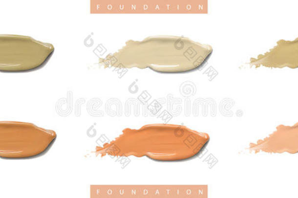 化妆品液体粉底霜设置在不同颜色的涂抹笔画。 化妆涂片隔离在白色上