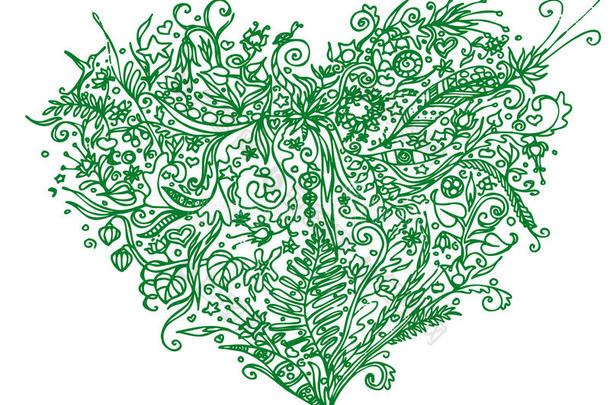 绿色的心在Zentangle风格。 在白色背景上隔离。 成人着色书抗应力线艺术的草药图案。