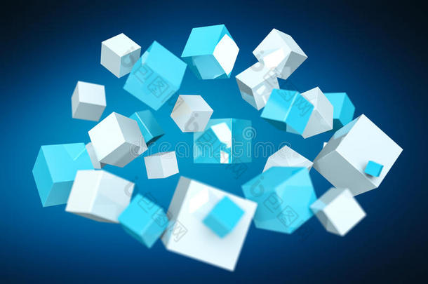 浮动蓝色和白色<strong>发亮</strong>的立方体三维渲染