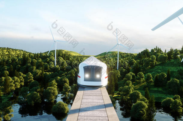 未来的，现代的磁悬浮列车通过单轨。 生态未来概念。 空中自然景观。 三维渲染。