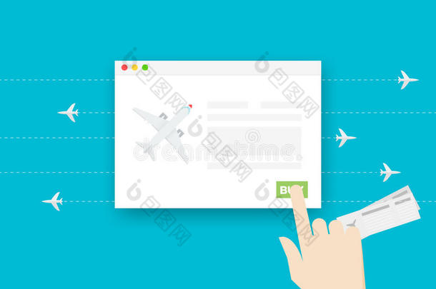 在线机票。概念平面矢量图。带飞机的抽象移交web浏览器