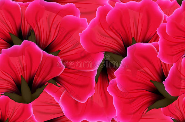 花无缝图案与红花和粉红色花瓣。 明亮生动的颜色重复激情的背景。 包装纸或布