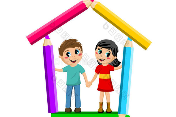 女孩和男孩手拉手在学校形状的彩色铅笔隔离