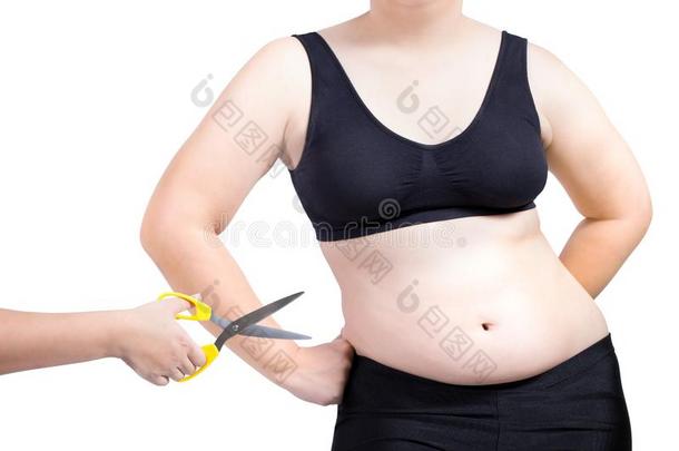 胖女人显示身体肥胖的手切腹部手术<strong>吸脂</strong>概念孤立在白色