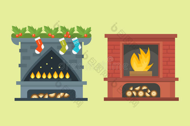 平式壁炉图标设计<strong>室内温暖</strong>的圣诞火焰明亮的装饰煤炉和舒适的<strong>温暖</strong>