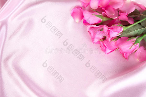 一束甜美的粉红色玫瑰花瓣上柔软的粉红色丝绸织物，浪漫和爱情卡的概念