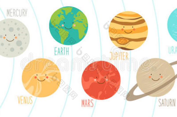 太阳系行星可爱的<strong>微笑卡通人物</strong>。 幼稚的背景