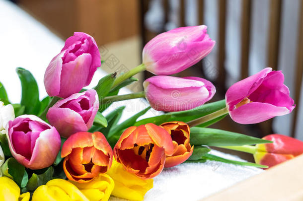 许多粉红色郁金香的花束，黄色、红色、白色和粉红色