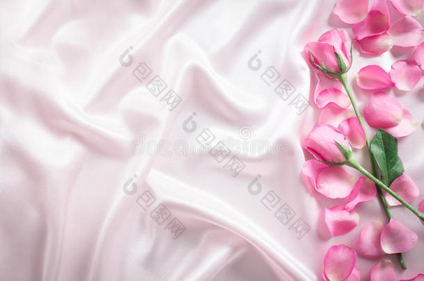 一束甜美的粉红色玫瑰花瓣在柔软的白色丝绸织物上，