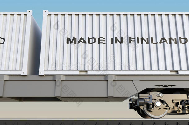 货物列车和集装箱与芬兰制造的标题。 铁路运输。 三维渲染