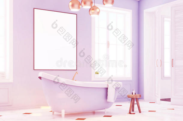 蓝色浴室内部，带海报，侧面，色调