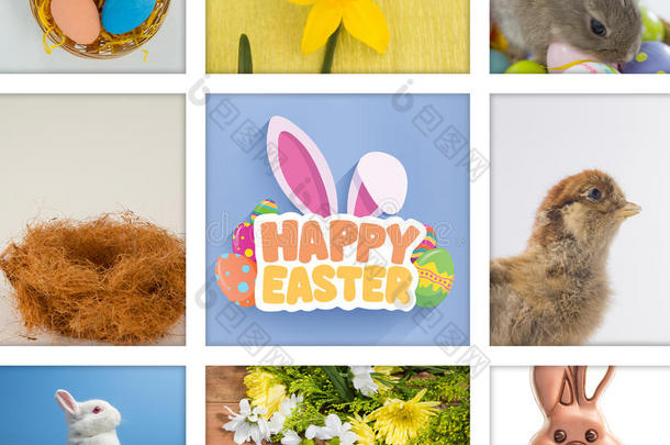 快乐复活节与鸡蛋和兔子的复合图像