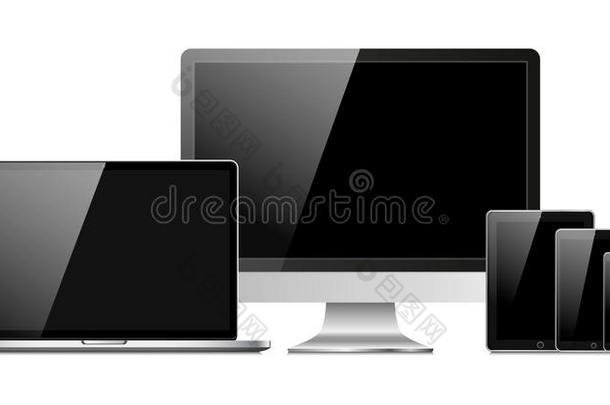 设备<strong>模拟</strong>模板。 电脑显示器，笔记本电脑，平板电脑，智能手表和智能<strong>手机</strong>隔离在白色背景上。 病媒伊鲁斯