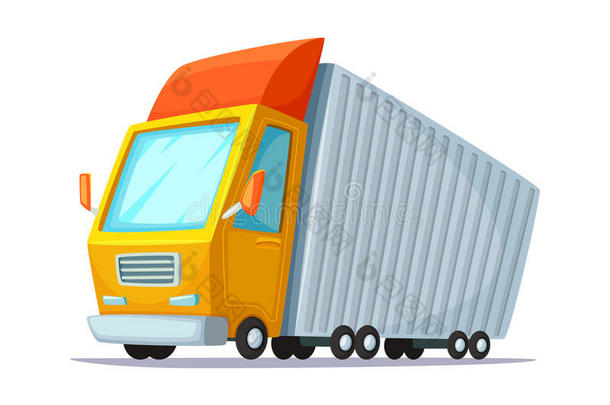 卡通矢量插图。 送货卡车的概念设计。 运输货物和集装箱的卡车
