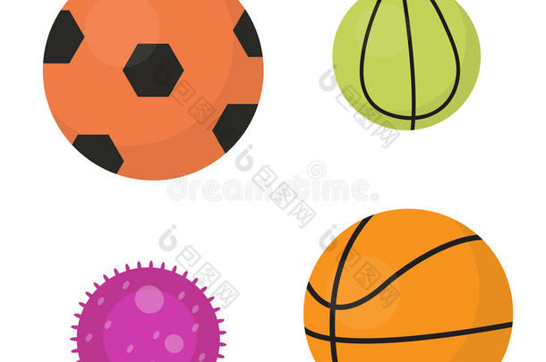 球设置图标，平面，卡通风格。 收集足球，篮球，网球。 在白色背景上隔离。 矢量