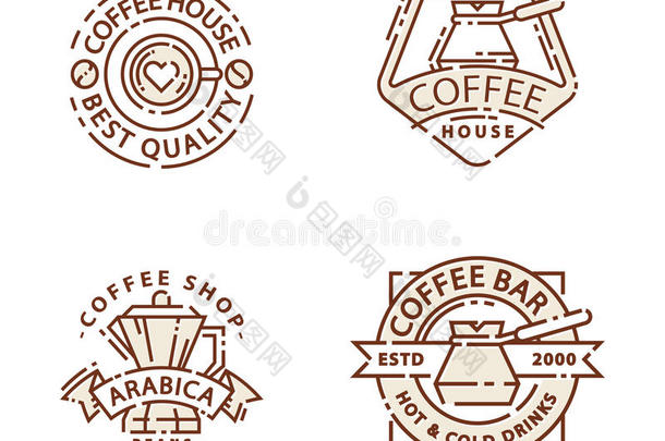 咖啡徽章食品细线刻字餐厅，咖啡厅菜单咖啡厅和商店贴纸矢量。