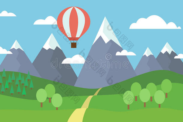 <strong>卡通</strong>风景在去山上的路上，用红色的<strong>热气球</strong>在山上飞行，在山顶上有树木和雪